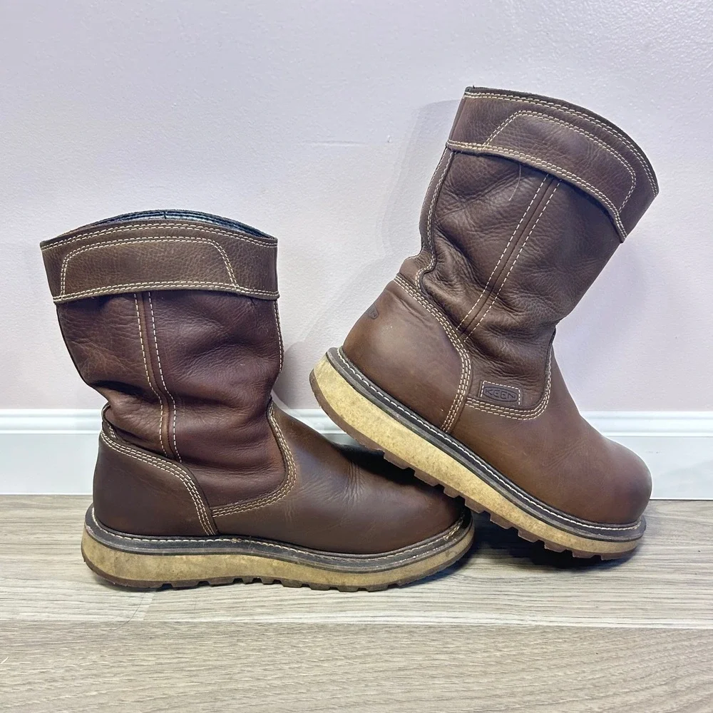 KEEN Utility Mens Brown Leather Carbon‎ Toe Pull On Work Boots 9D Construction